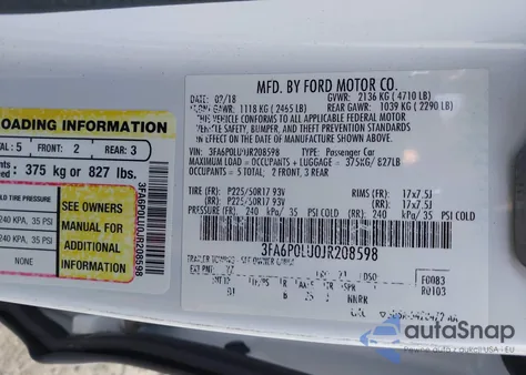 2018 Ford Fusion Hybrid Se z USA, uszkodzony, nr VIN 3FA6P0LU0JR208598